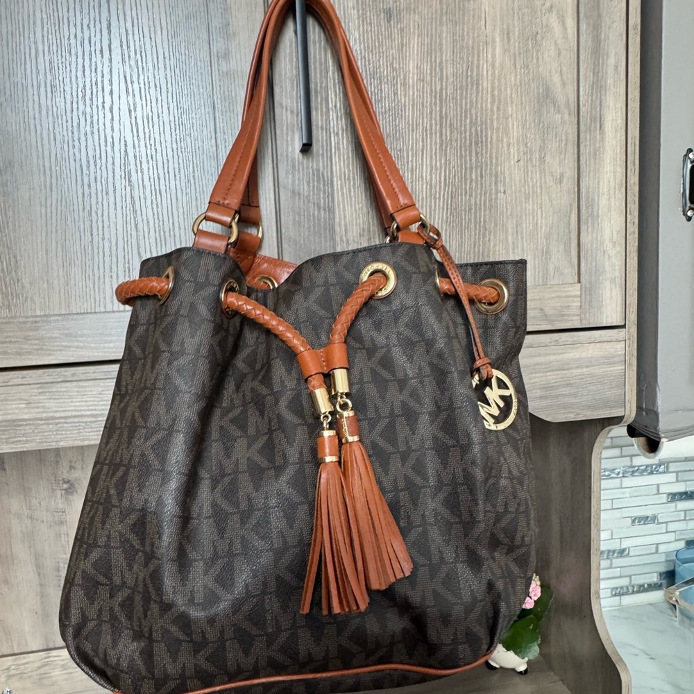 Michael Kors Brown Shoulder Bag with Monogram and Leather Trim